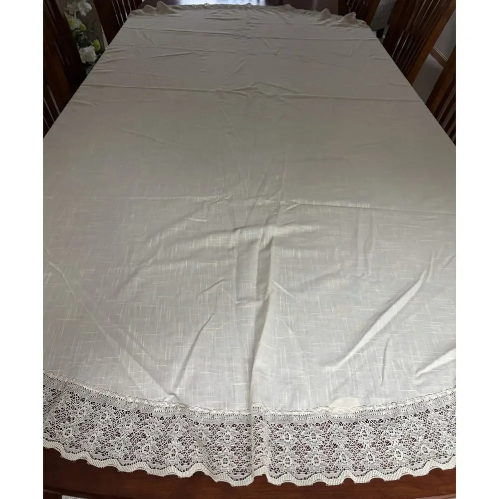 Tablecloth Ivory Lace Trim Poly Cotton Blend Oval 86x66 Vintage USA